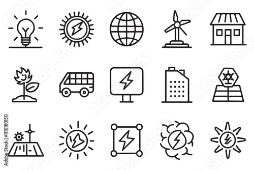  Neutral, solar, geothermal and wind energy editable stroke outline icons set isolated flat vector illustration on white background