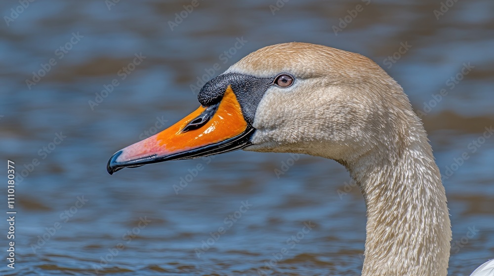 Close-up view of a white mute swan gracefully swimming in tranquil blue water showcasing its elegant profile and vibrant bill coloration.