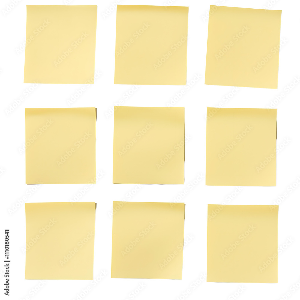 Nine blank sticky notes arranged in a grid pattern on a transparent background. Ideal for reminders, brainstorming, or planning tasks.