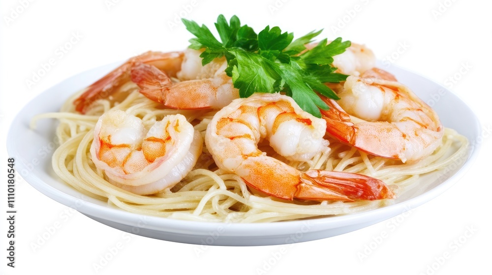 Shrimp spaghetti served on a white plate with fresh parsley garnish isolated on a white background showcasing vibrant seafood dish. Shrimp spaghetti served on a white plate with fresh parsley garnish isolated on a white background showcasing vibrant seafood dish.