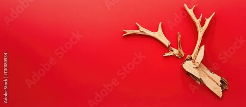 Broken wooden deer decoration on vibrant red background symbolizing repair and recovery with ample copy space for creative use. photo