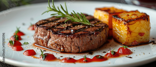 Savoring a gourmet grilled steak served with roasted potatoes and vibrant tomato sauce