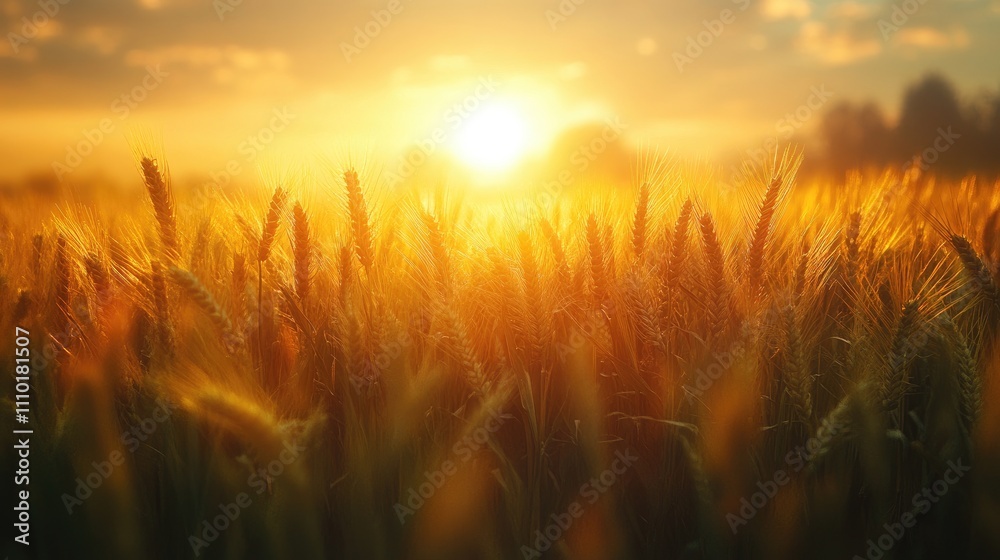 Golden cornfield at sunrise with warm sunlight creating a peaceful morning atmosphere in the countryside. Tranquil nature landscape scene. Golden cornfield at sunrise with warm sunlight creating a peaceful morning atmosphere in the countryside. Tranquil nature landscape scene.