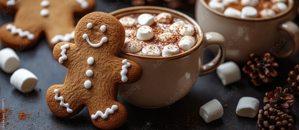Gingerbread man beside hot chocolate with marshmallows on rustic background creating a cozy festive atmosphere for the holiday season
