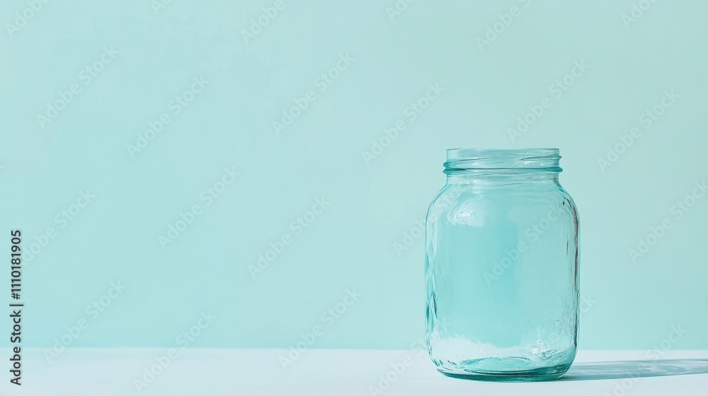 Empty glass jar on a soft mint green background perfect for design or product placement with ample negative space for versatile use