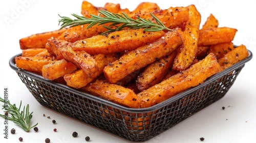 Wallpaper Mural Crispy golden sweet potato fries garnished with herbs in a frying basket on a clean white background Torontodigital.ca