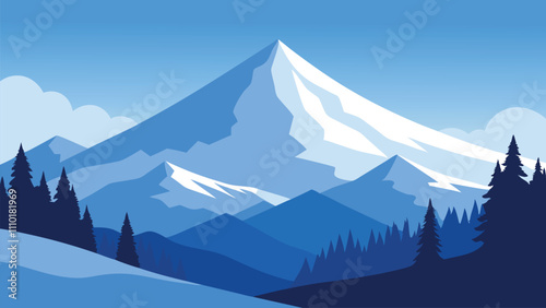Winter scenery showcasing snow covered trees with a breathtaking mountain flat vector illustration natural background.
