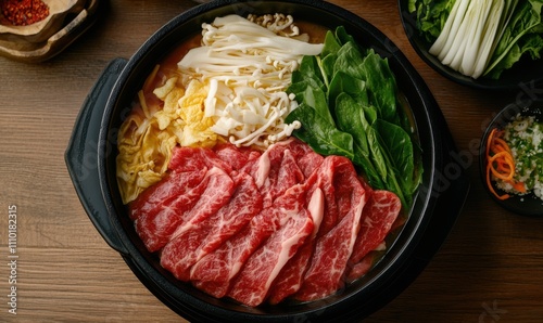 Japanese Shouxi hot pot, traditional cast iron pot, the side dishes in the pot are snowflake beef slices, baby vegetables, spinach, shiitake mushrooms, chopped onions, no other side dishes photo