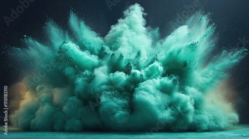 Green powder explosion creating dynamic shapes against a dark background highlighting texture and movement in creative imagery.
