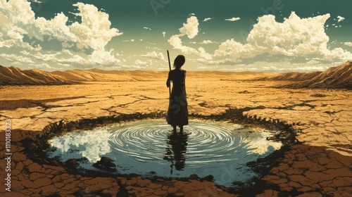 A illustration of A lone woman collecting muddy water from a shrinking puddle, set against a backdrop of dry, dusty plains