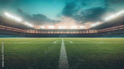 An empty stadium at dusk, with the sky transitioning from light to dark, and stadium lights beginning to glow