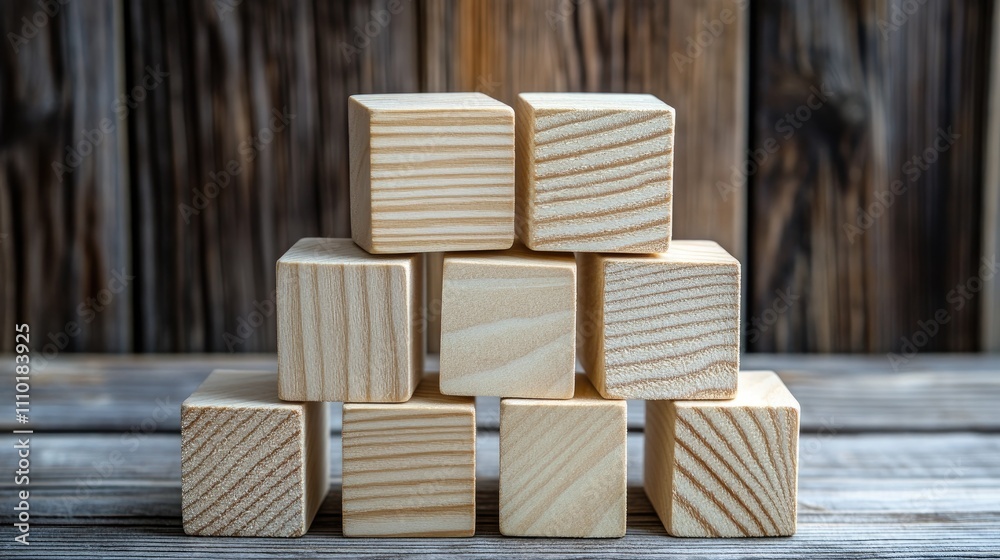 Wooden building blocks stacked on a rustic wooden floor showcasing texture and craftsmanship in a cozy, inviting setting
