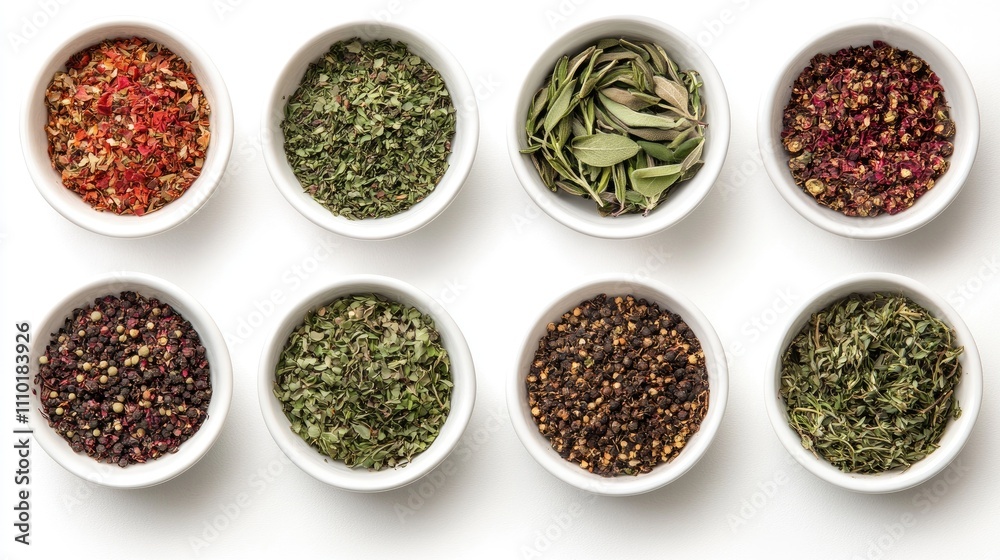 Assorted dried herbs and spices in white bowls arranged on a white background top view culinary ingredients concept Assorted dried herbs and spices in white bowls arranged on a white background top view culinary ingredients concept