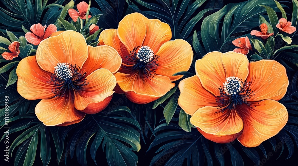 Vibrant tropical hibiscus blooms with lush green leaves in bold colors Vibrant tropical hibiscus blooms with lush green leaves in bold colors