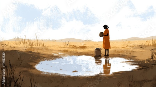 A illustration of A lone woman collecting muddy water from a shrinking puddle, set against a backdrop of dry, dusty plains