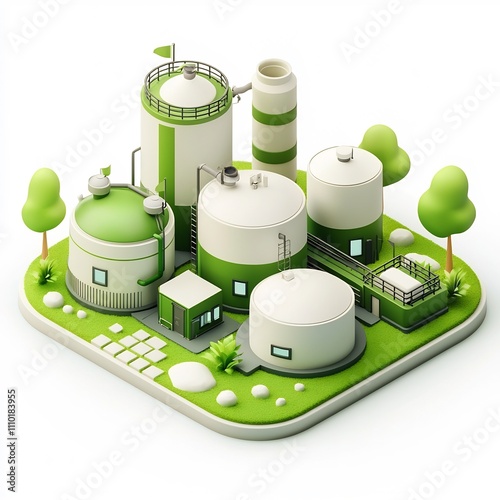 Bright Green and White Cartoon-Style 3D Icon of a Biogas Plant in Isometric Angle with Minimal Design