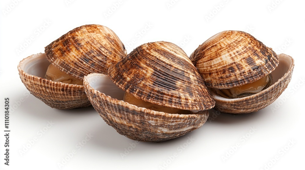 Three fresh clams partially opened on a clean white background showcasing their natural texture and colors for culinary or seafood themes Three fresh clams partially opened on a clean white background showcasing their natural texture and colors for culinary or seafood themes