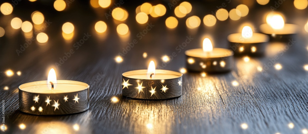 Warm holiday candles with soft glow and festive bokeh lights creating a serene Christmas atmosphere on wooden surface. Warm holiday candles with soft glow and festive bokeh lights creating a serene Christmas atmosphere on wooden surface.