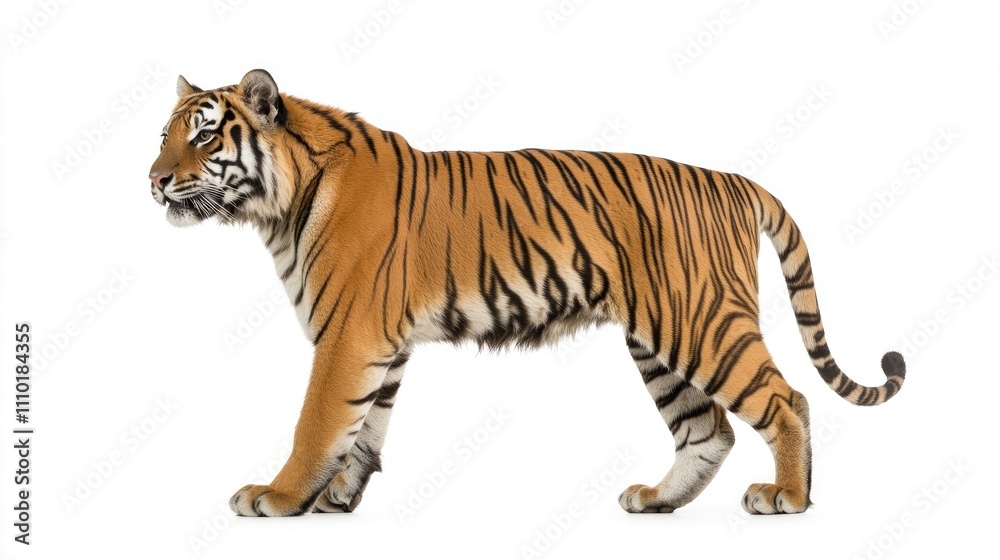 Obraz premium Side profile of a majestic tiger walking against a white background showcasing its striking stripes and powerful build