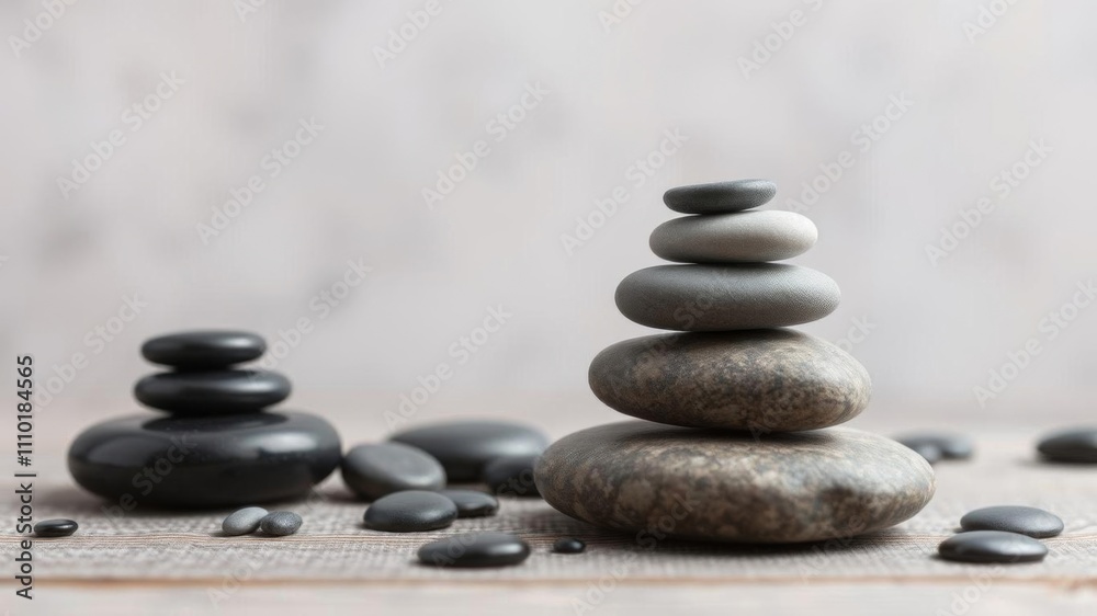 Zen stones arranged in a balanced formation on a wet, reflective background, tranquility, serenity Zen stones arranged in a balanced formation on a wet, reflective background, tranquility, serenity