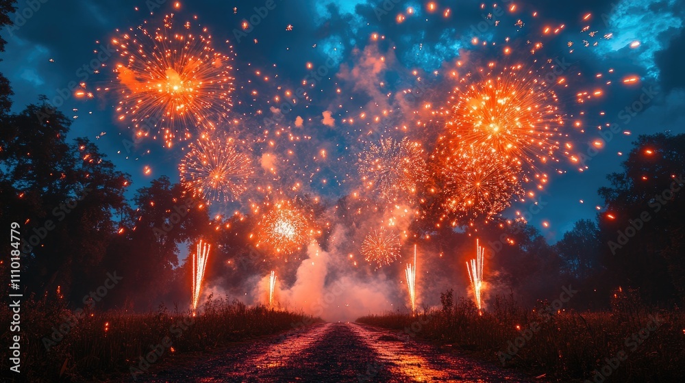 Naklejka premium Vibrant fireworks illuminating the night sky during a festive celebration along a serene pathway.