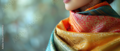 Elegant woman adorned in colorful silk scarves during a cultural festival celebration