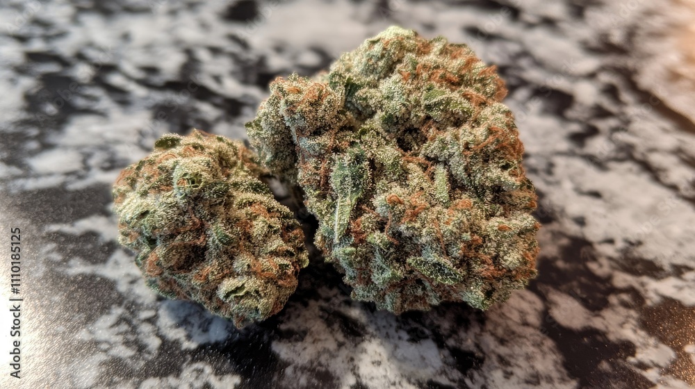 Detail view of two large cannabis buds on a textured surface showcasing their trichomes and vibrant colors in natural lighting Detail view of two large cannabis buds on a textured surface showcasing their trichomes and vibrant colors in natural lighting