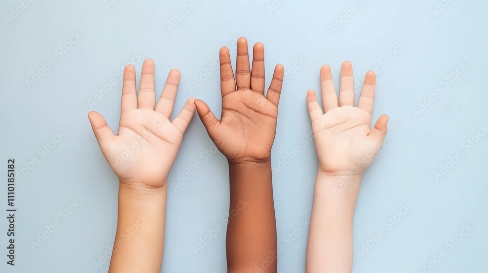 Diverse children's hands raised together symbolizing unity and friendship against a light background Diverse children's hands raised together symbolizing unity and friendship against a light background