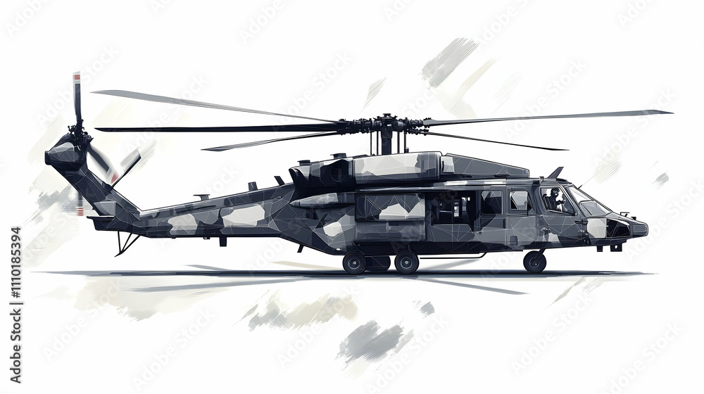 A military helicopter in a camouflage design, showcasing its transport and tactical capabilities.