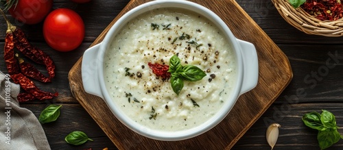 Creamy Dovga Soup with Fresh Greens Served in a White Bowl Surrounded by Tomatoes and Dried Peppers on a Wooden Board photo