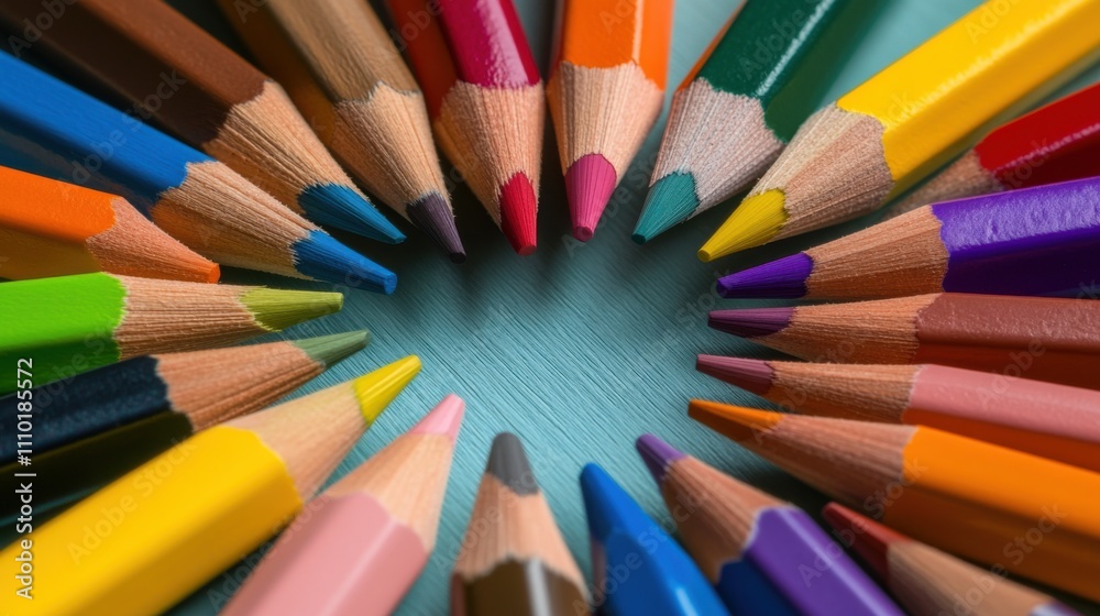 A variety of colored pencils arranged in a circle, symbolizing creative diversity, minimalistic photography style A variety of colored pencils arranged in a circle, symbolizing creative diversity, minimalistic photography style