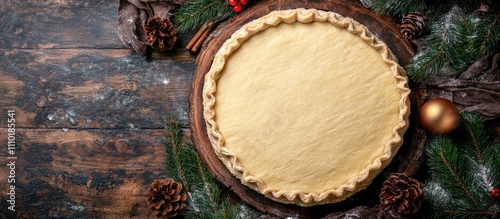 Raw Christmas pastry dough shaped in a pie crust on a rustic wooden surface surrounded by festive decorations and pinecones photo