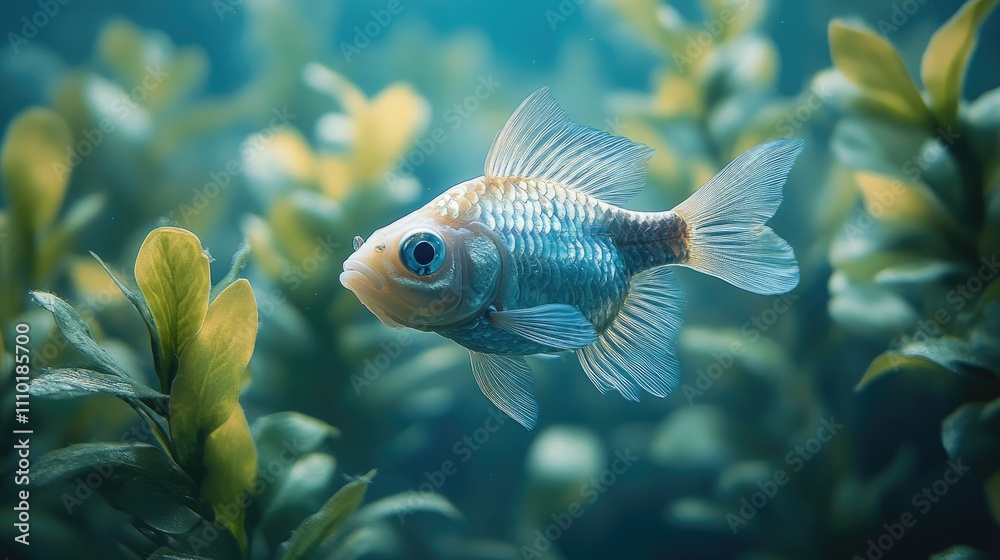 Fototapeta premium Underwater scene featuring a goldfish swimming amidst vibrant green foliage against a serene blue background creating a tranquil aquatic ambiance.