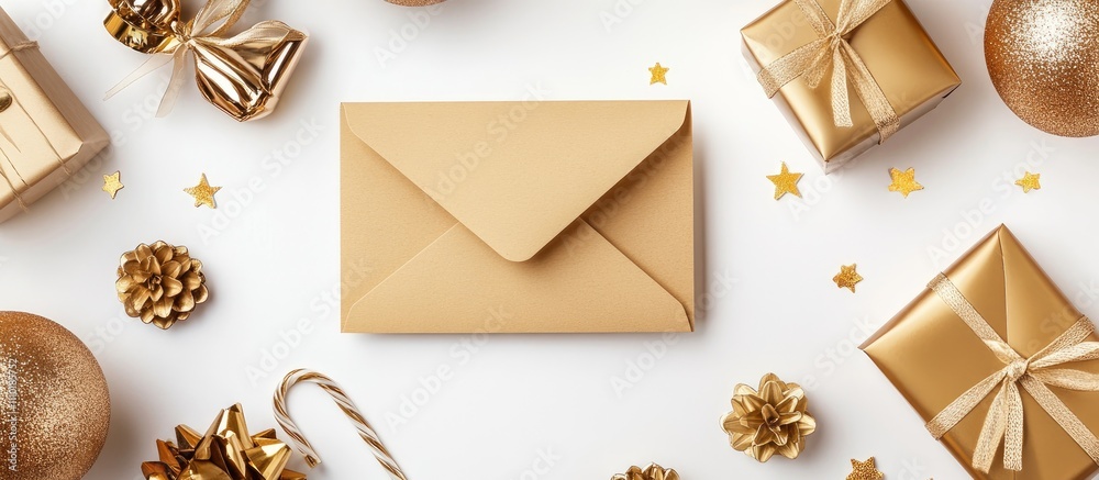 Elegant gold craft envelope with blank card and festive decorations on a white textured background for holiday or special occasion mockup.