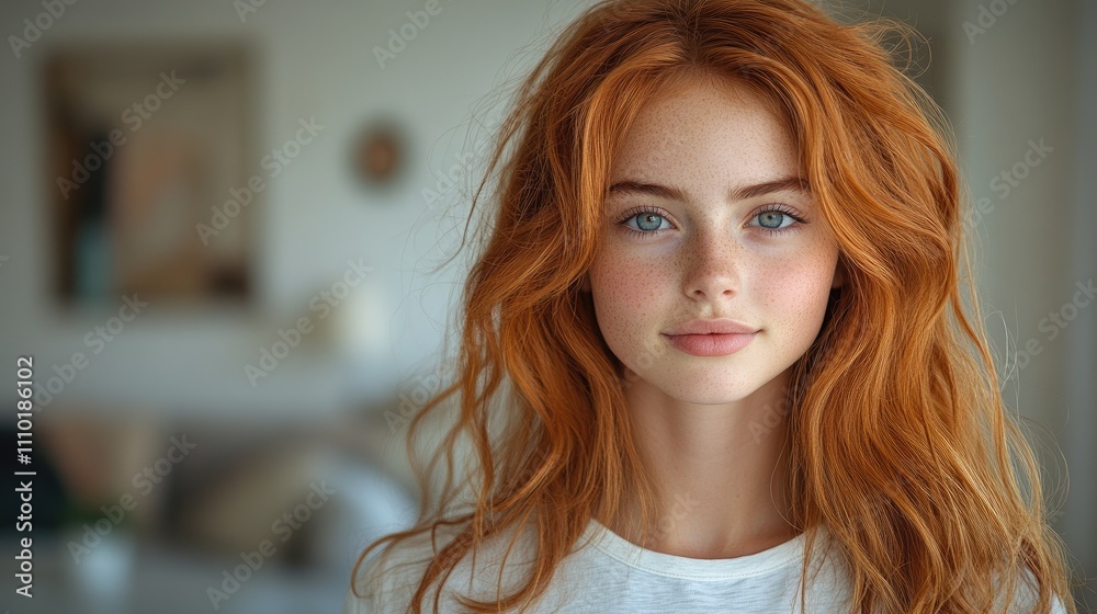 Teenage girl with red hair in a casual white T-shirt posing in a cozy home setting ideal for advertisements or personal messages Teenage girl with red hair in a casual white T-shirt posing in a cozy home setting ideal for advertisements or personal messages
