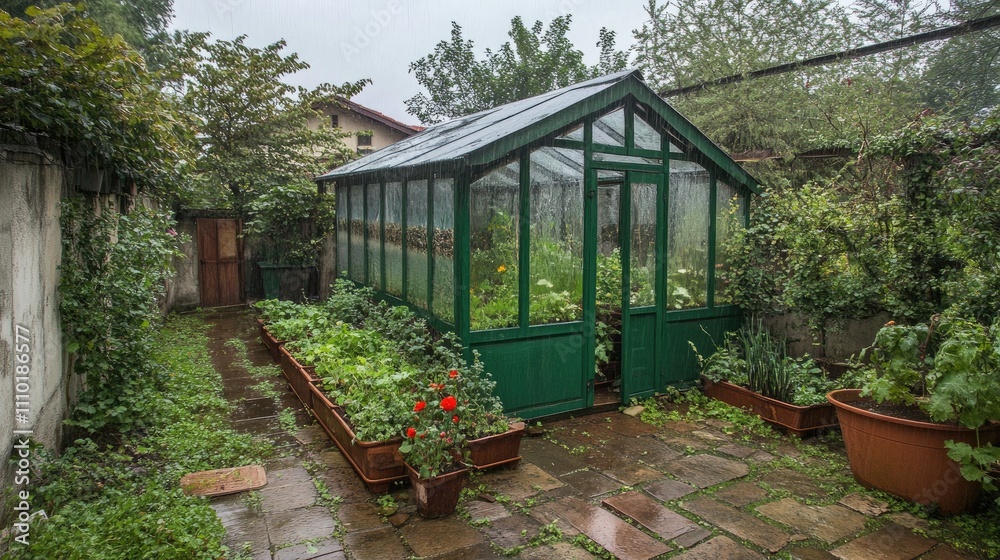 Greenhouse setting with lush plants and greenery in a tranquil garden environment featuring stone pathways and potted flowers. Greenhouse setting with lush plants and greenery in a tranquil garden environment featuring stone pathways and potted flowers.