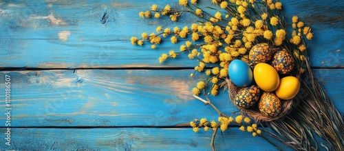 Easter themed flat lay of vibrant mimosa flowers and decorated eggs on rustic blue wooden background with space for seasonal text photo