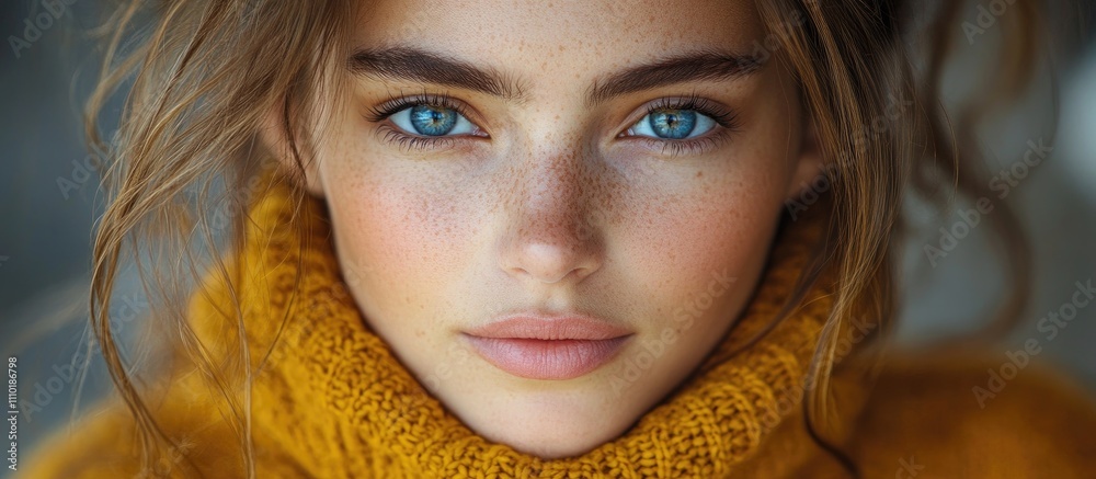 Stunning portrait of a young woman with blue eyes and freckles wearing a cozy sweater captured in soft natural lighting. Stunning portrait of a young woman with blue eyes and freckles wearing a cozy sweater captured in soft natural lighting.