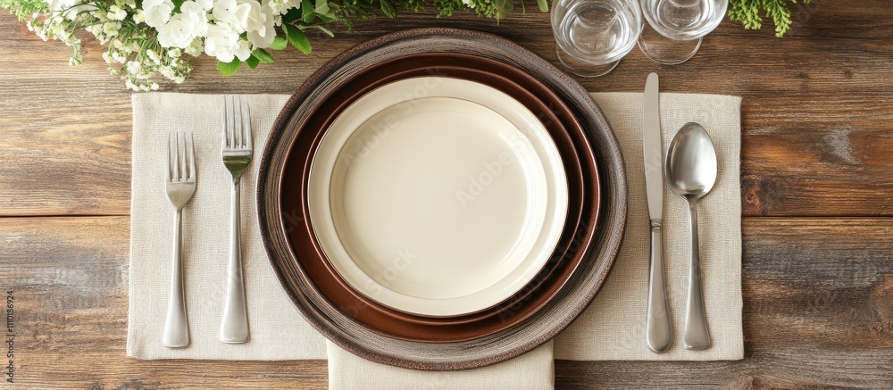 Elegant table setting with layered dishware and beige napkin for upscale dining decor showcasing stylish home interior decoration ideas Elegant table setting with layered dishware and beige napkin for upscale dining decor showcasing stylish home interior decoration ideas