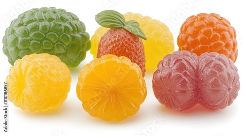 Colorful fruit-shaped gummy candies in various shapes and vibrant colors, arranged isolated on a white background, ideal for family gatherings, tropical themes, and celebrations, candy, sweets, vacati photo