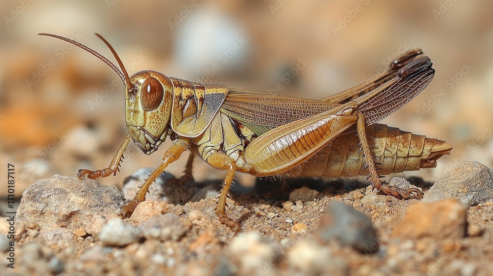 Brown grasshopper close-up on a natural textured background showcasing details of its anatomy and environment in a macro photography style. Brown grasshopper close-up on a natural textured background showcasing details of its anatomy and environment in a macro photography style.