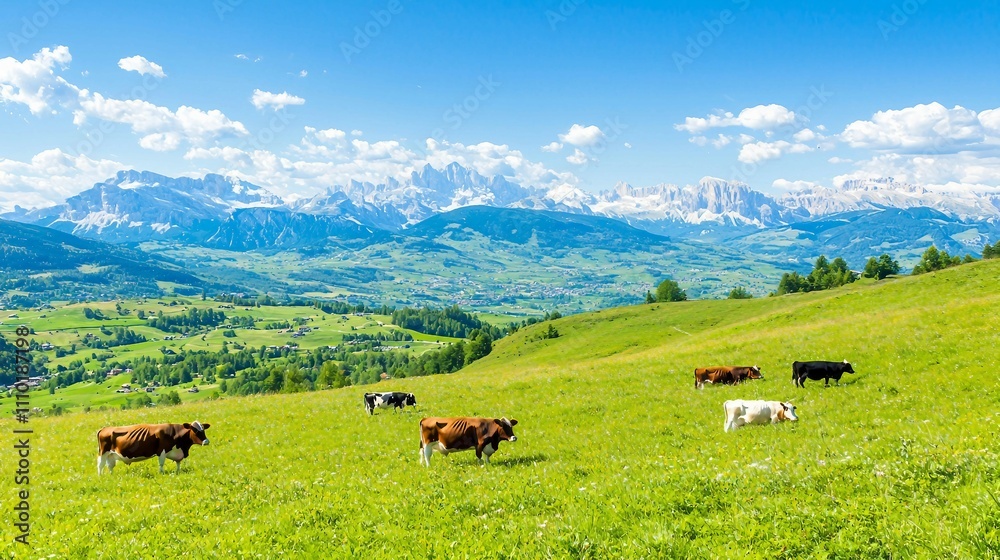 Scenic Pastoral Landscape with Cows and Majestic Mountain View Scenic Pastoral Landscape with Cows and Majestic Mountain View