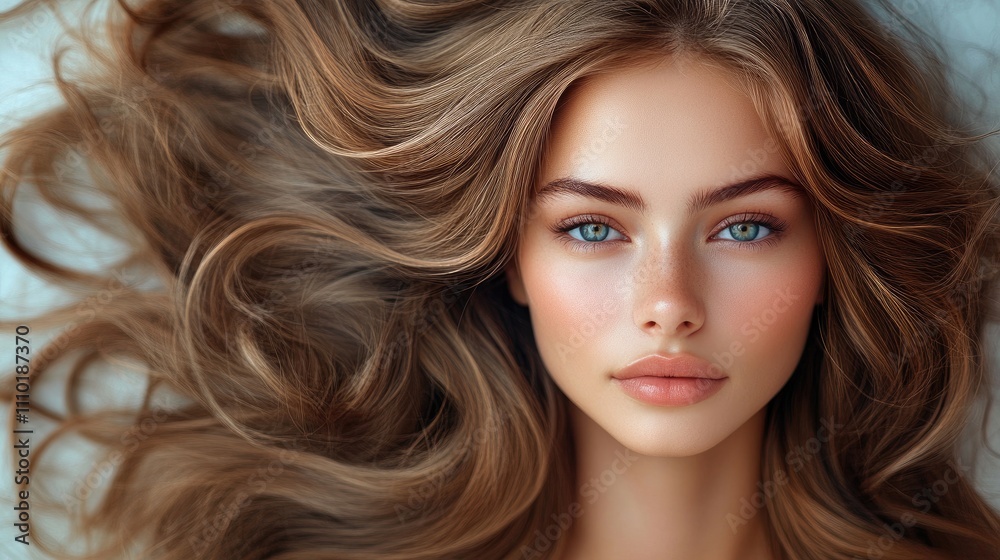 Glamorous beauty portrait of a model with long flowing hair showcasing healthy radiance ideal for haircare and cosmetics marketing. Glamorous beauty portrait of a model with long flowing hair showcasing healthy radiance ideal for haircare and cosmetics marketing.