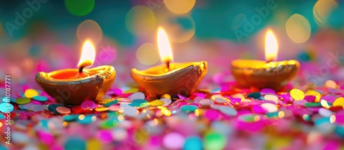 Diwali festival celebration with traditional oil lamps and colorful confetti creating a vibrant festive atmosphere photo