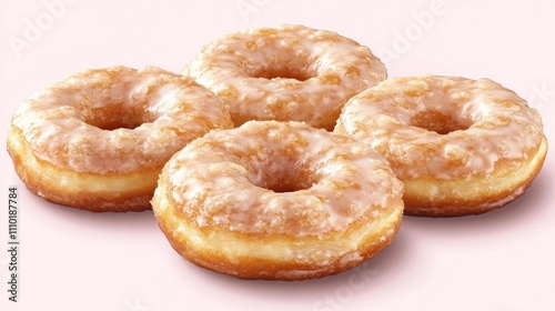 Frosted donuts arranged on a pastel pink background showcasing delicious sweets for dessert lovers and bakery themes photo