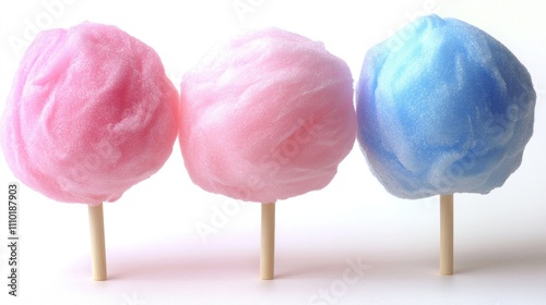 Colorful cotton candy on sticks displayed against a clean white backdrop perfect for carnival or party themes. photo