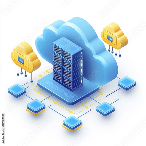 Vibrant Cartoon-Style Cloud Network with Connected Servers on Isolated Background