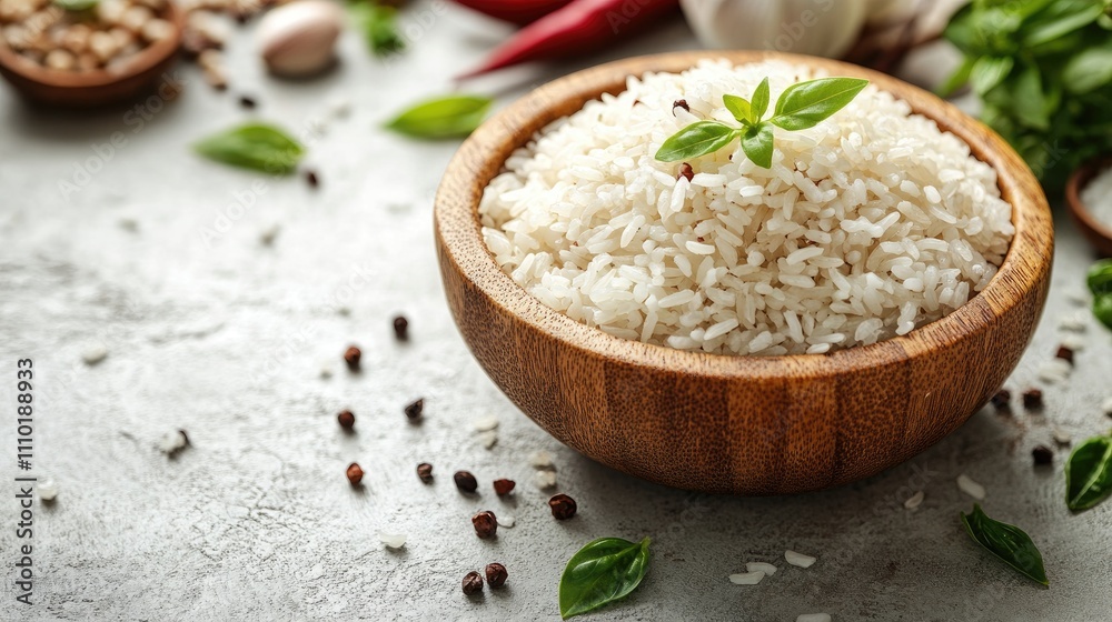 Aerial view of wooden bowl filled with parboiled rice surrounded by fresh herbs and spices on a light background for food styling and recipes Aerial view of wooden bowl filled with parboiled rice surrounded by fresh herbs and spices on a light background for food styling and recipes