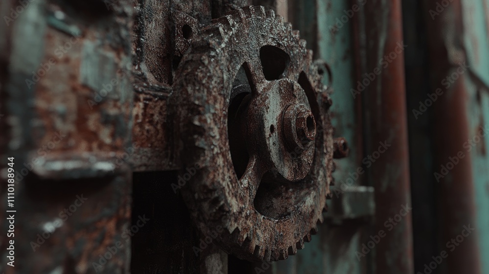 Close up of rusted steel gear from an abandoned vintage factory showcasing aged machinery and industrial decay in a forgotten setting Close up of rusted steel gear from an abandoned vintage factory showcasing aged machinery and industrial decay in a forgotten setting