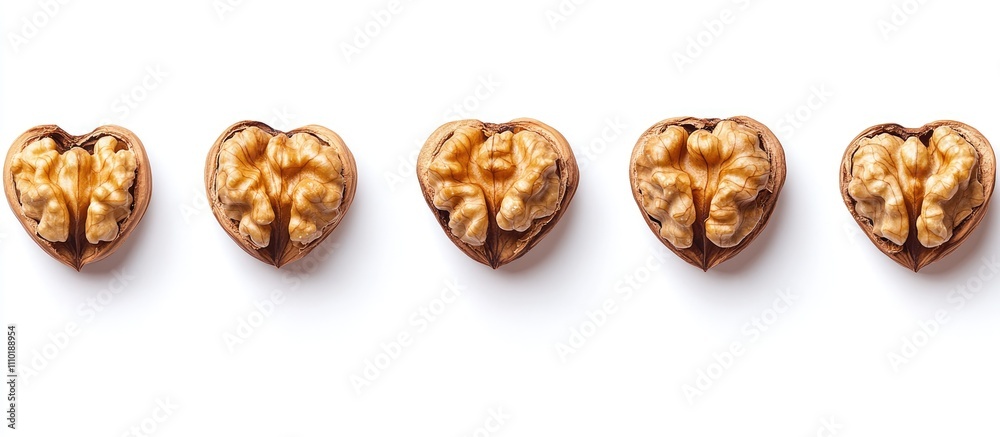 Heart shape formed by walnut halves on a clean white background symbolizing love and health in natural food photography. Heart shape formed by walnut halves on a clean white background symbolizing love and health in natural food photography.